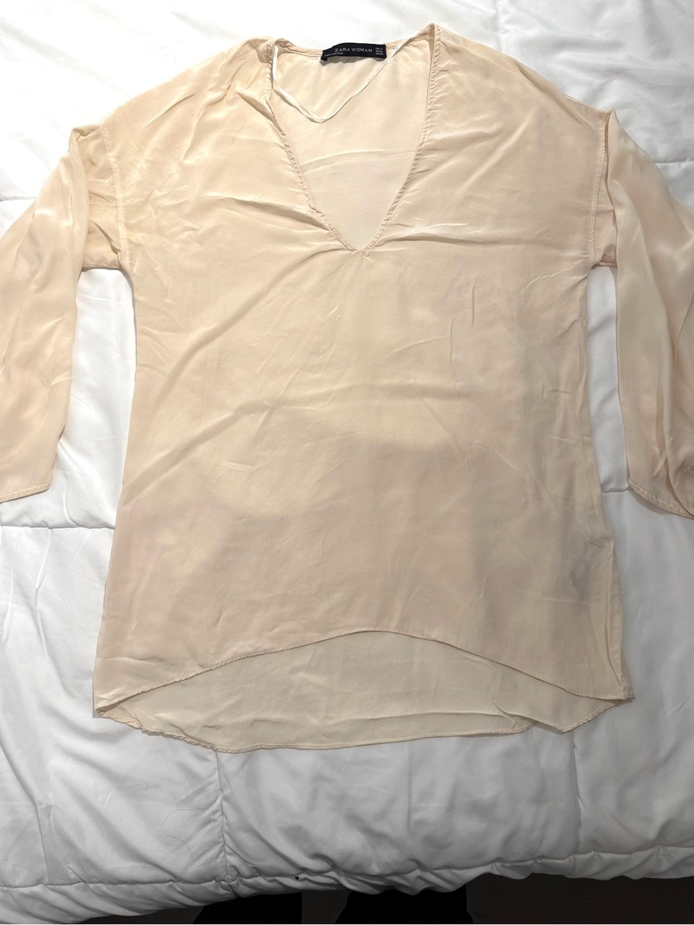 Zara Pale Beige Sheer V-Neck Blouse